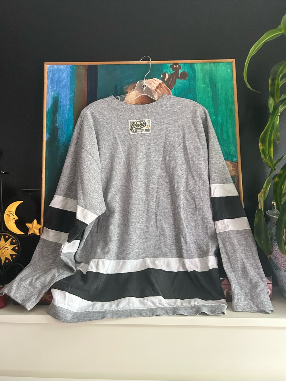 Vintage Y2K Roots Sporting Goods Hockey Jersey Long Sleeve Shirt Grey Black - Picture 12 of 16